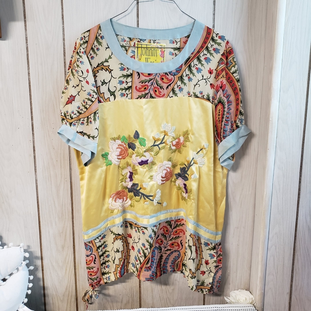 Johnny Was Mystic Printed Paneled Embroidered Floral Yellow Tunic Womens Top M
